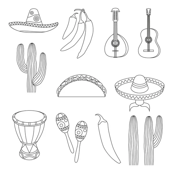Лінійне мистецтво чорно-білих 12 мексиканських елементів . — стоковий вектор