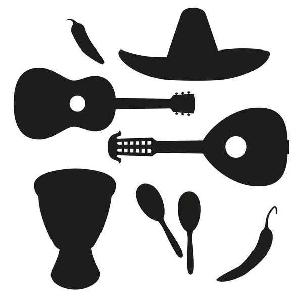 Conjunto de silueta de música mexicana en blanco y negro . — Archivo Imágenes Vectoriales
