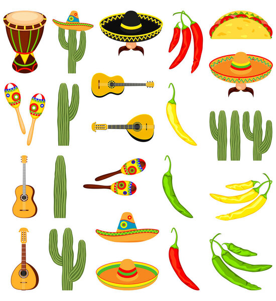 Colorful cartoon 23 mexican elements. Fiesta carnival set. Mexico theme vector illustration for icon, stamp, label, badge, certificate, leaflet, brochure or banner decoration