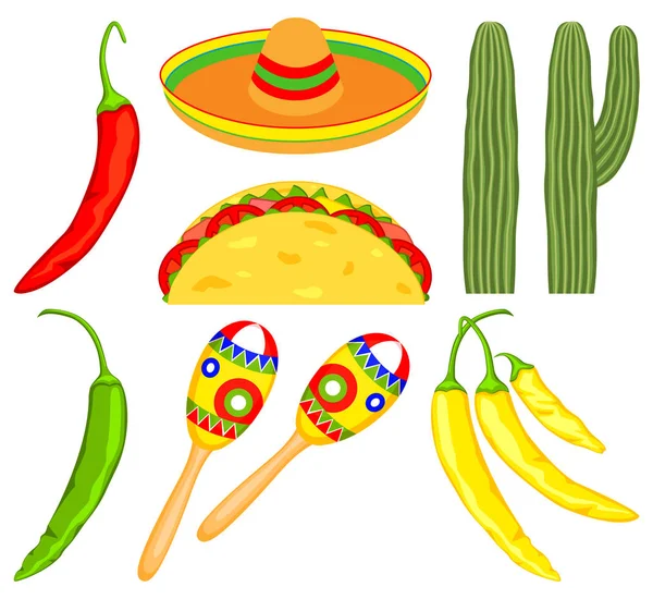 8 desenhos animados coloridos elementos mexicanos . —  Vetores de Stock