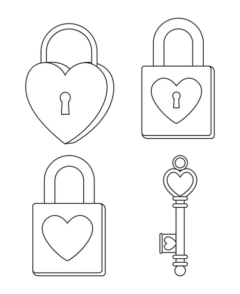 Art linéaire cadenas noir et blanc ensemble de clés ornées — Image vectorielle
