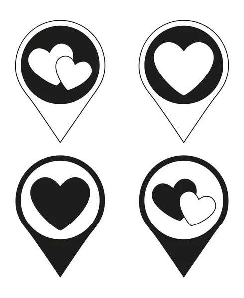 Siyah ve beyaz kalp harita işaretçi kümesi — Stok Vektör
