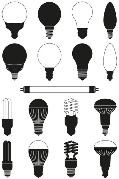 17 black and white light bulb set — Stock Vector