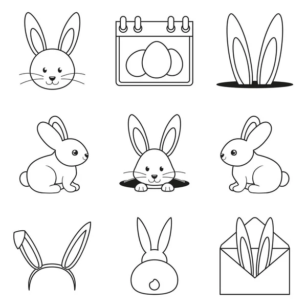 Line art fekete-fehér Húsvét nyuszi beállítása — Stock Vector