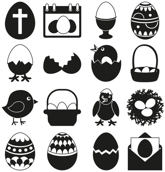 Ensemble de 16 éléments de Pâques noir et blanc — Image vectorielle
