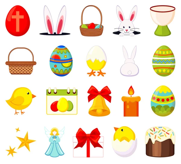 20 éléments colorés de Pâques dessin animé ensemble — Image vectorielle