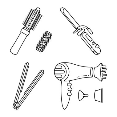 Line art black white electric hairdresser tool set clipart