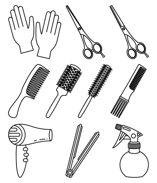 10 линий черно-белых парикмахерских инструментов — стоковый вектор