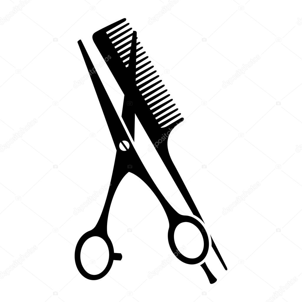 Black and white comb and open scissors silhouette