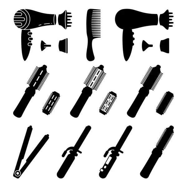 Juego de silueta de herramienta de peluquería eléctrica blanca negra — Vector de stock