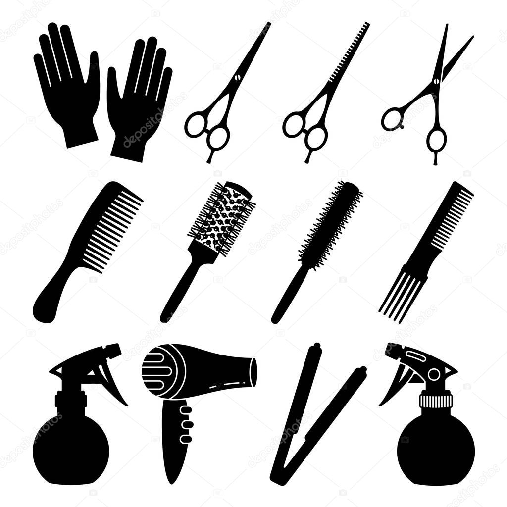 12 black and white hairdresser tools