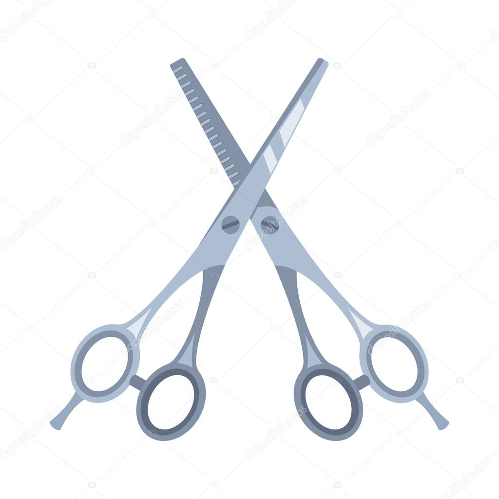 Cartoon pair of scissors. Hairdresser tool symbol. Beauty salon themed vector illustration for icon, stamp, label, certificate, brochure, leaflet, poster, coupon or banner decoration