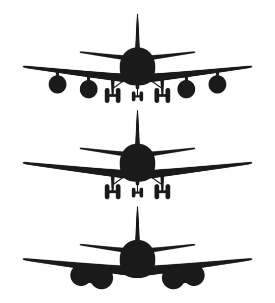 Siyah-beyaz 3 uçak ön görüş silueti ayarlandı — Stok Vektör