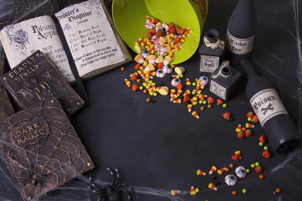 Old Spell Books Halloween Candy Spilling Out Bucket Spider Webs — Stock Photo, Image