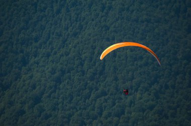 Yamaçparaşütü bir güneşli yaz gününde bir dağ Vadisi uçar. Karpatlar yaz aylarında yapılan yamaç paraşütü.