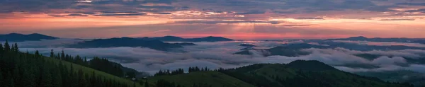 Panoramic Photo Mountain Range Morning Colorful Fog Summer Beautiful Sunrise — Stock Photo, Image