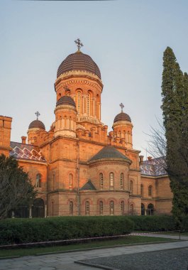 Sabah sokaktan Chernivtsi Üniversitesi dış cephe. Üniversite avlusu.