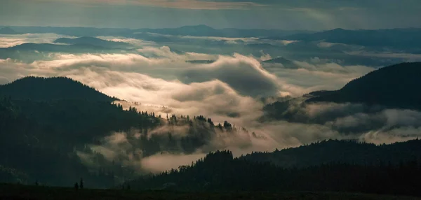 Υπέροχη Ανατολή ηλίου στα βουνά. Υπέροχη θέα της κοιλάδας με ομίχλη με φωτεινές ακτίνες ήλιου στα Καρπάθια. — Φωτογραφία Αρχείου
