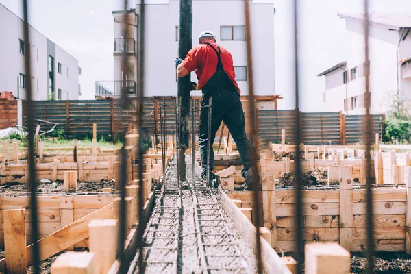 Detalhes Trabalho Canteiro Obras Casa Construção Usando Bomba Concreto — Fotografia de Stock