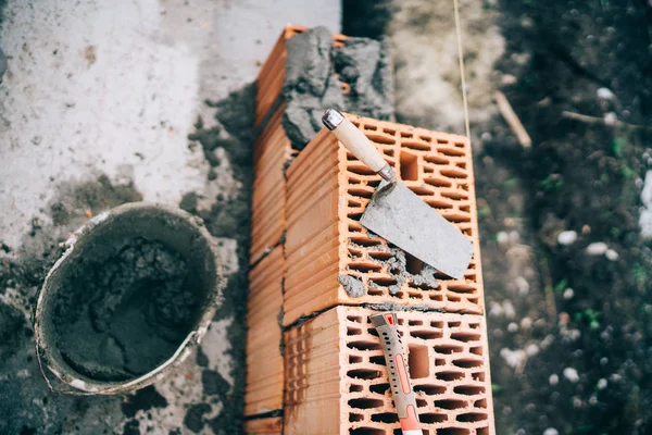 Tuğla Ayrıntılar Inşaat Site Araçları Çimento Şantiye — Stok fotoğraf