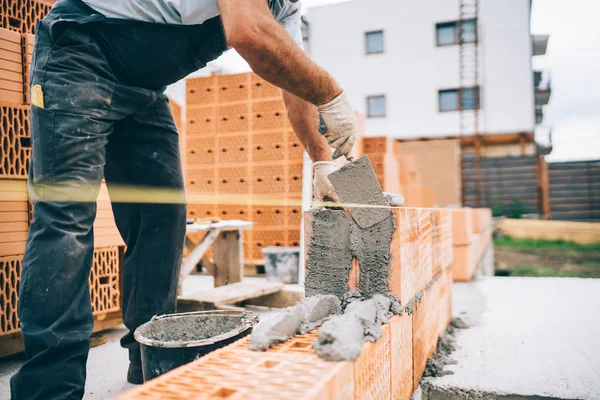 Close Details Industrial Bricklayer Installing Bricks Building Construction Site — Stock Photo, Image