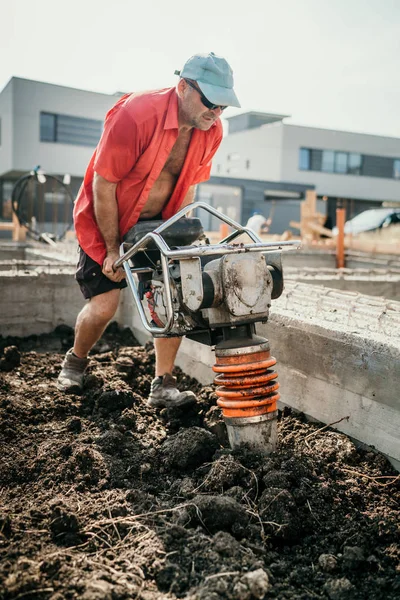 Industrial Portrait Worker Using Vibratory Tamper Soil Compactor — Stock Photo, Image