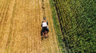 hasat saman toplamak için Döner tırmık ile traktör kullanma. Hava dron görünümü, tarım ayrıntıları