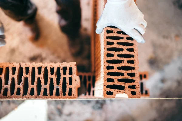 Webbplats Konstruktionsdetaljer Närbild Industriarbetare Byggnad Interiör Tegelvägg — Stockfoto