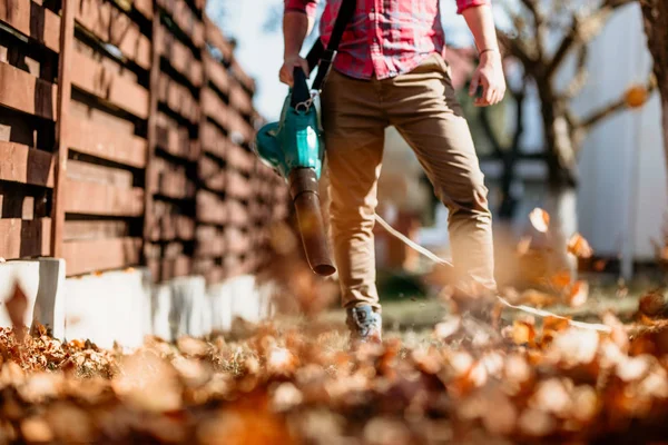 Man Arbetar Med Lövblåsare Höst Städa Upp Trädgården — Stockfoto