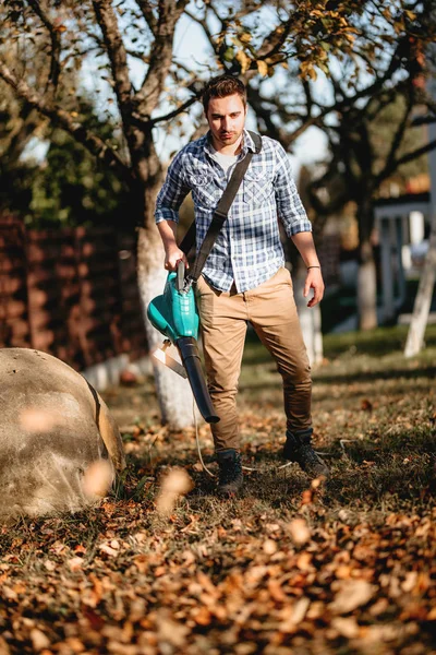 Landskapsarkitektur Och Trädgårdsskötsel Detaljer Med Arbetstagare Använder Lövblåsare — Stockfoto