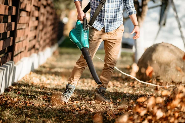 Detalles Jardinería Paisajista Profesional Usando Soplador Hojas —  Fotos de Stock