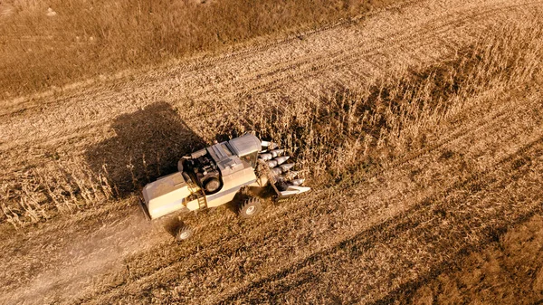 Cereal harvesting details. Aerial view of autumn harvest