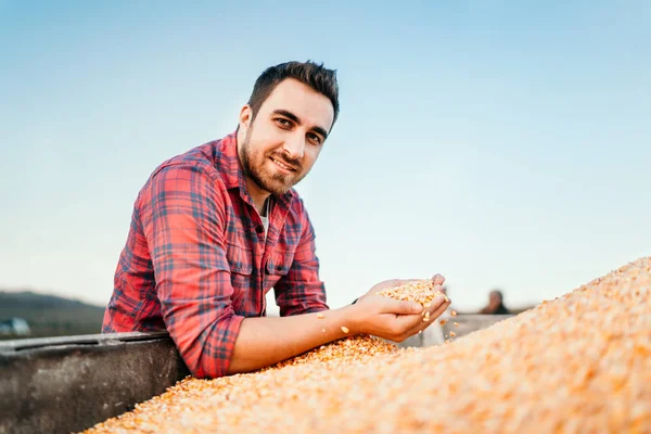 Portrait Farmer Corn Smiling Man Harvesting — Stock Photo, Image