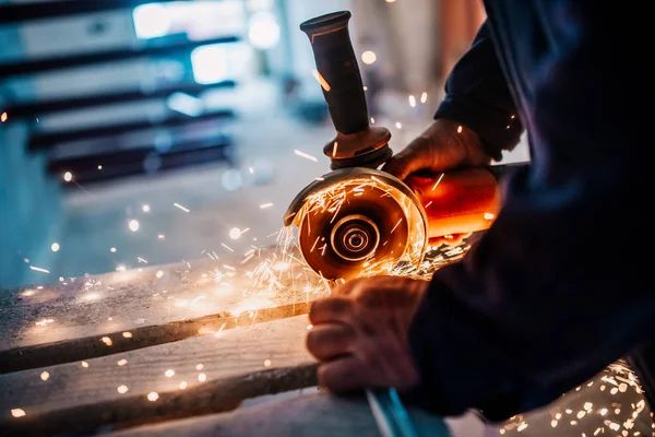 Metalworker Cutting Iron Metal Electric Rotary Angle Grinder Working Generating — Stock Photo, Image