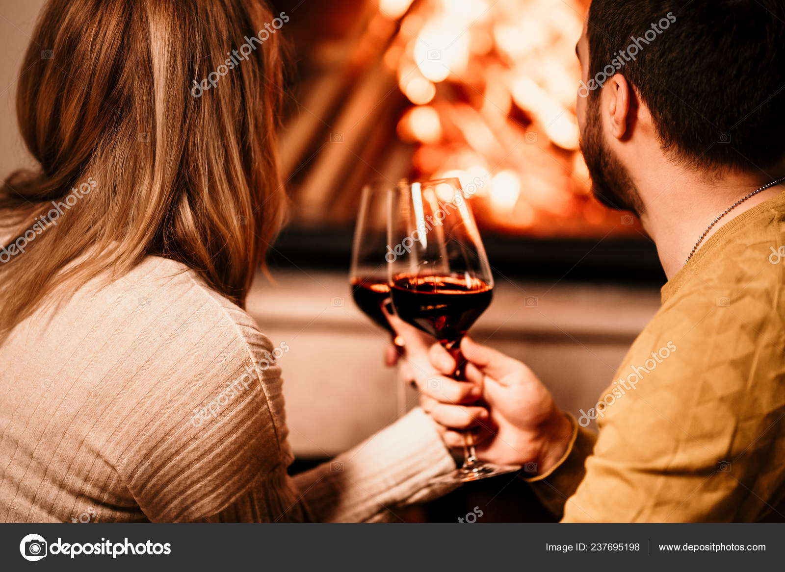 Love People Having Glass Wine Fireplace Enjoying Lovely Evening
