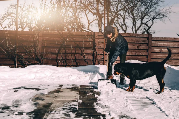 Man removing snow from sidewalk after snowfall. Portrait of man with dog during winter time