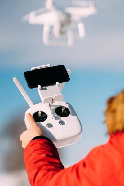 Close Details Drone Remote Control White Drone Blue Sky Man — Stock Photo, Image