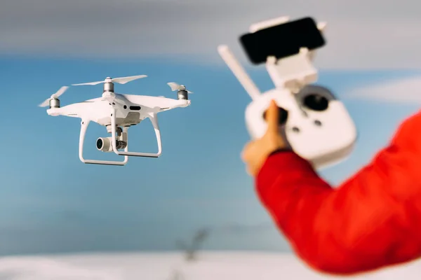 Man Operating Drone Remote Control Radio Controlled Device Modern Technology — Stock Photo, Image