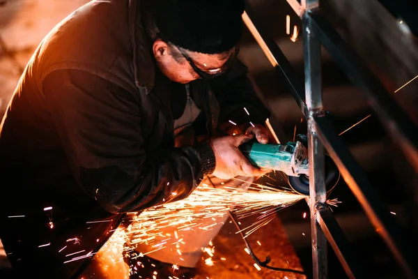 Construction Industry Middle Aged Man Working Cutting Iron Bars Steel — Stock Photo, Image