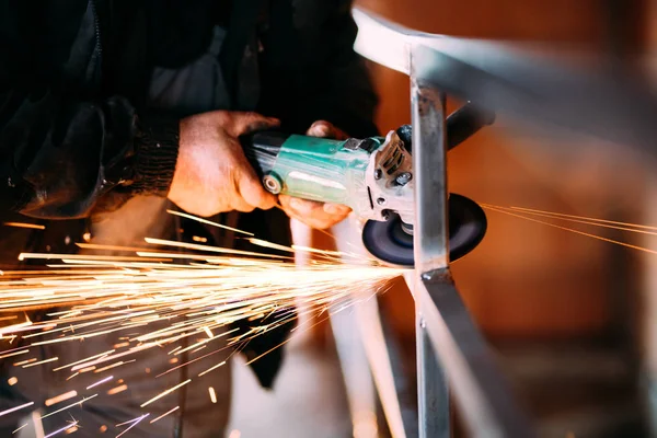 Heavy Industry Worker Cutting Steel Angle Grinder Construction Site — Stock Photo, Image