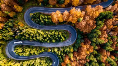 Aerial drone view of winding forest road in the middle of mountains. Colourful landscape with rural road, trees with yellow leaves. 