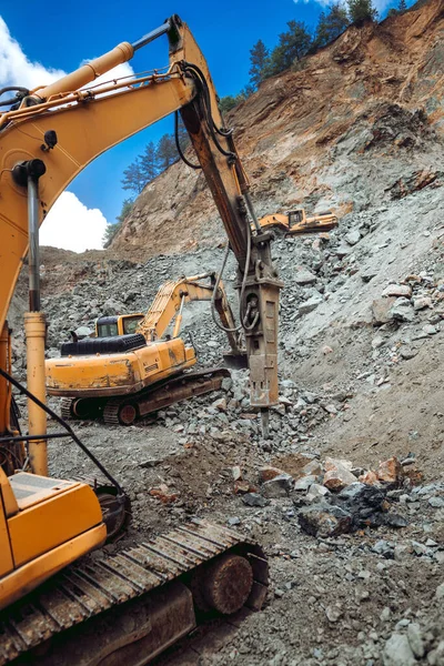 Múltiples Maquinarias Trabajando Obra Detalles Las Excavadoras Que Trabajan Sitio — Foto de Stock