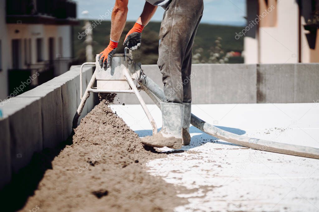 Screed details. Construction site details with workers, cement, mortar and sand