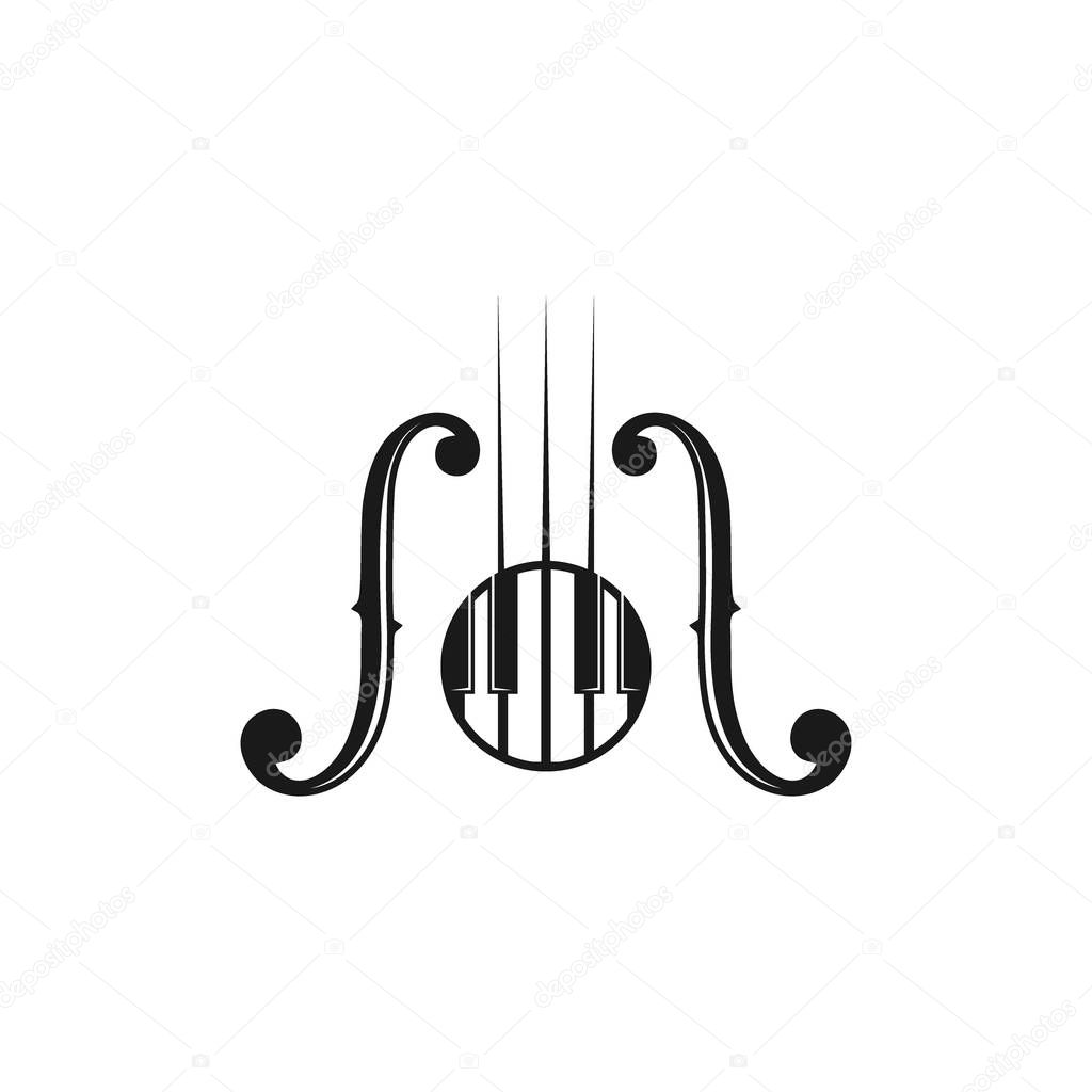 Piano keys vector flat black and white logo emblem, piano keyboard poster, music lesson symbol isolated on gray notes background