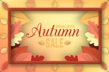 Sonbahar satış banner tasarımı indirim etiketli renkli sonbahar, arka plan bırakır. Vektör çizim.
