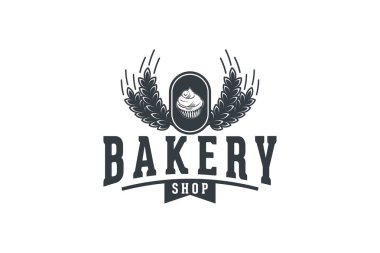 Cupcake ve buğday vintage pastane dükkanı logo tasarım ilham