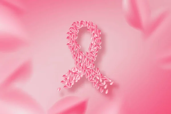 Breast cancer awareness ribbon made from petal rose on petal background