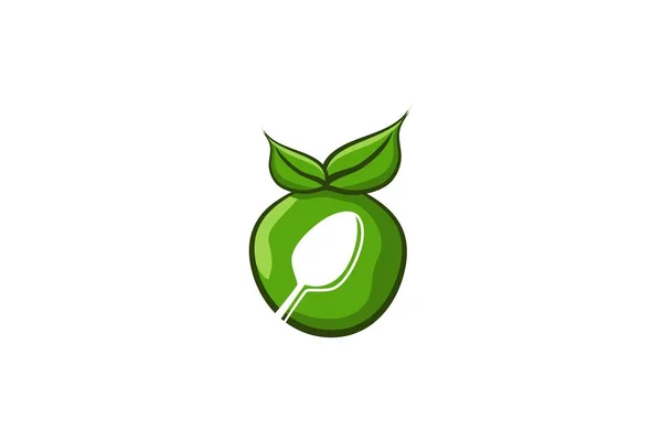 Зеленое Яблоко Ложка Здоровая Еда Логотип Дизайн Вдохновение Изолированы Белом — стоковый вектор