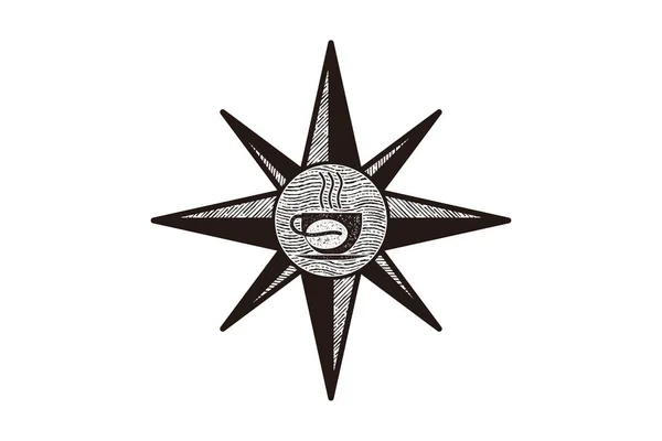 Logo Kompas Dan Cangkir Kopi Designasi Terisolasi Latar Belakang Putih - Stok Vektor