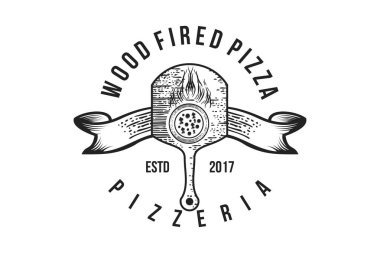 İtalyan pizza, ahşap logo tasarımları ilham izole beyaz arka plan üzerinde ateş.